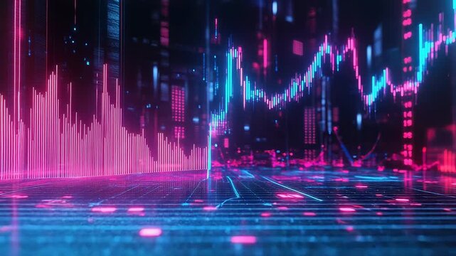Stock market graph showing increasing and decreasing trends in futuristic cityscape