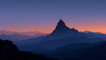 Jagged mountain peak silhouetted against a twilight sky with distant ridges