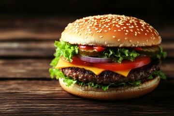 Juicy Hamburger Loaded with Cheese, Pickles, Onions, Lettuce, Tomato, and Special Sauce on Bun
