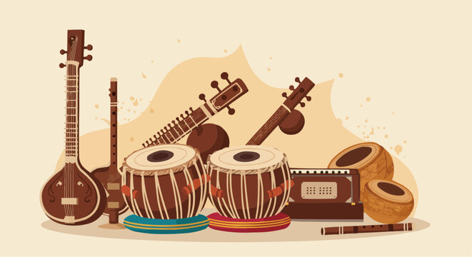 Indian Classical Music Instruments &ndash; Sitar, Tabla and Veena Illustration