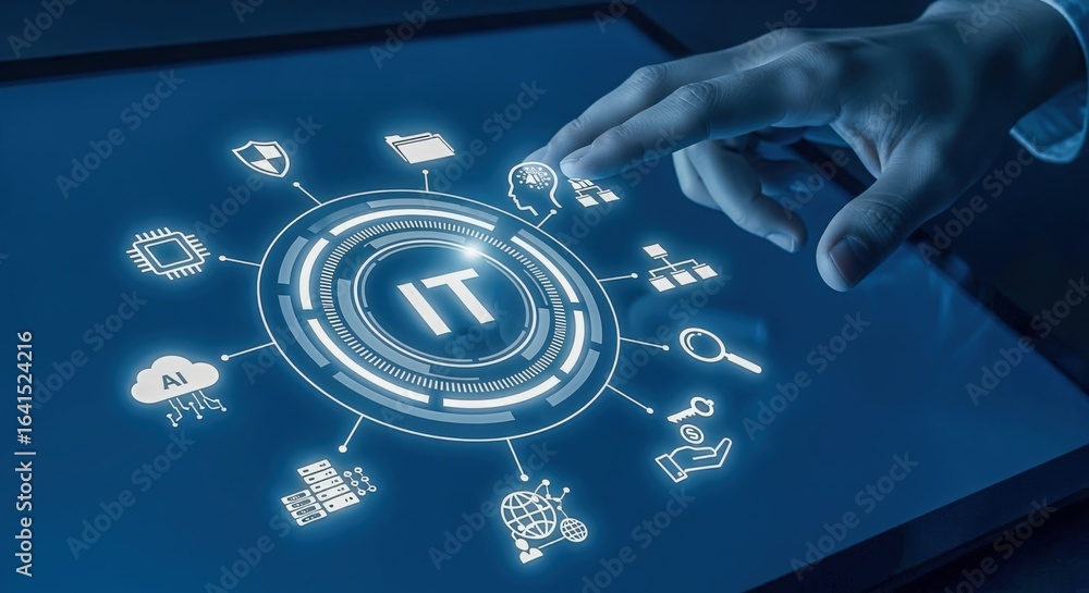 Poster it professional interacts with digital touchscreen interface displaying data, cybersecurity, and tec
