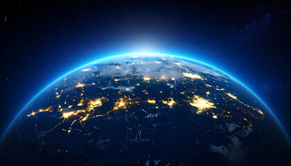 Obraz premium Stunning view of Earth from space, showcasing illuminated cities and natural features starry sky. vibrant blue atmosphere