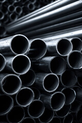 Stack of metal pipes organized in a pile. industrial and structural components shiny and metallic background