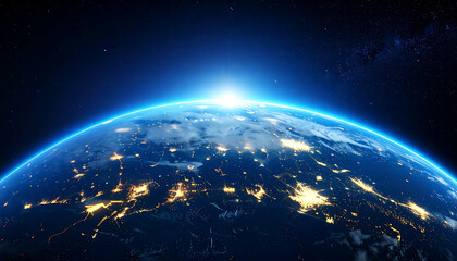 Obraz premium Stunning view of Earth from space, showcasing planet curvature, illuminated cities, and bright sunrise on horizon
