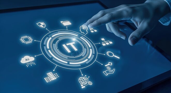 IT professional interacts with digital touchscreen interface displaying data, cybersecurity, and technology information