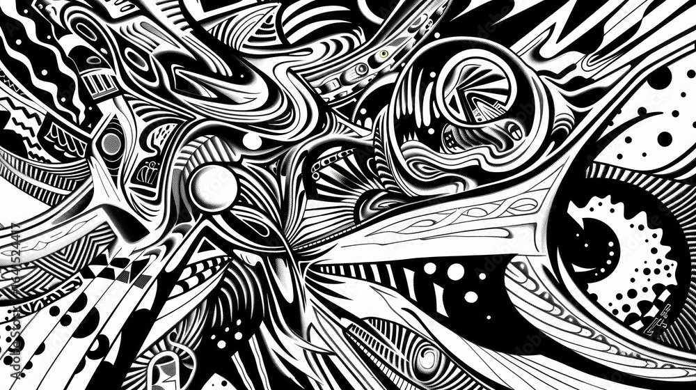 Poster the image showcases an abstract, psychedelic design with intricate patterns and bold shapes