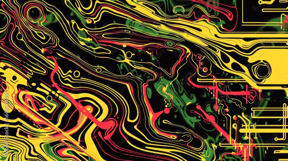 Poster the image showcases an abstract, psychedelic design with intricate patterns and bold shapes
