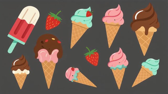 A colorful collection of ice cream cones, popsicles, and strawberries.