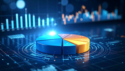 Vibrant pie chart with blue and orange segments is displayed against dark, futuristic background featuring data visualizations