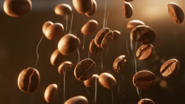 Close-up of Freshly Roasted Coffee Beans Falling