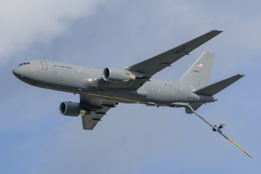 KC-46 Pegasus Banking in Flight with Refueling Boom Extended