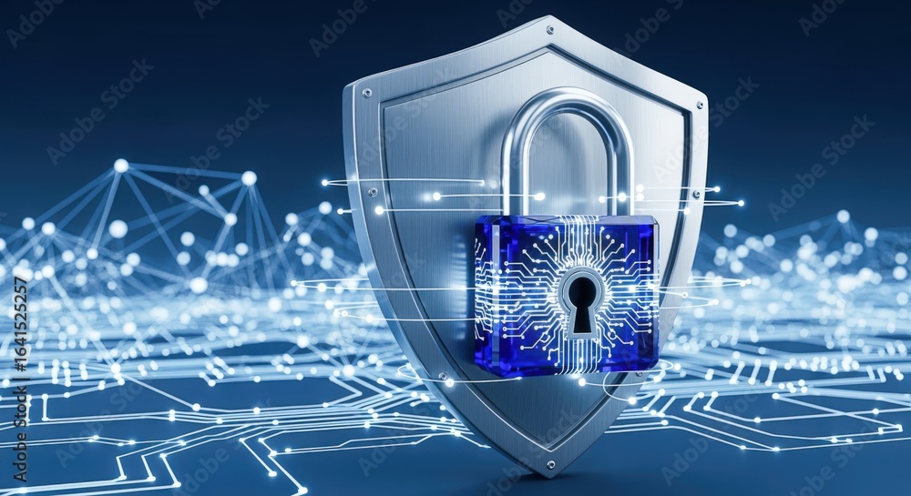 Poster cybersecurity shield with padlock illustrating data protection and network security solutions for bu