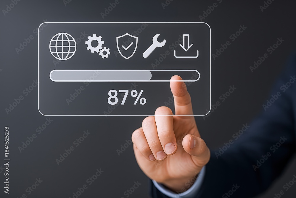 Aufkleber software update progress: man interacting with digital interface showing high percentage completion