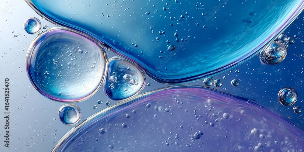 Poster abstract macro backdrop with bubbles and spheres in aqueous solution and bright blue liquid texture