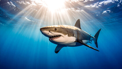Great white shark swimming gracefully clear blue water, illuminated by sunlight filtering through surface, creating serene