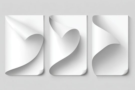 Three white paper sheets, each with a curved, flowing edge, creating a dynamic design element