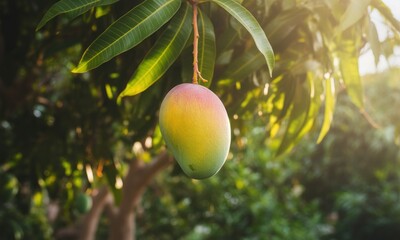 Obraz premium Hanging mango fruit ripening amidst green leaves in the sun's glow