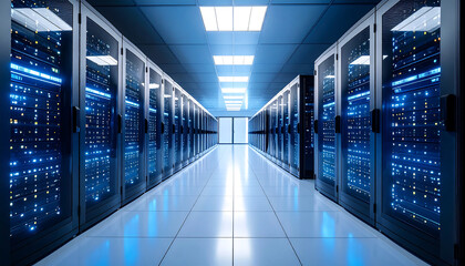High tech data center with rows of servers, illuminated by blue lights, creating futuristic atmosphere