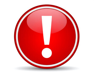 Red circular icon featuring prominent exclamation mark, symbolizing caution or alertness. This graphic conveys urgency
