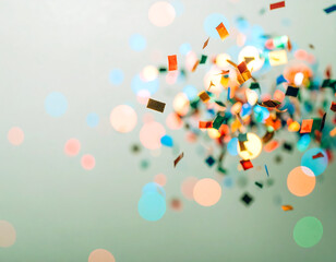 Colorful confetti pieces and bokeh lights floating against a soft, blurred background, celebrating.