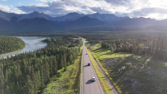Athabasca River Valley Highway Drone View Alberta Canada Mountains