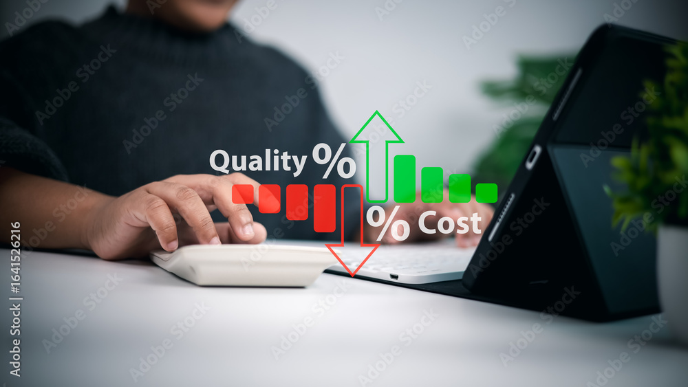 Poster person using a calculator and tablet with a digital bar graph showing rising quality and reduced cos