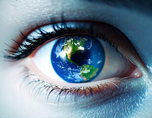 Naklejka premium Captivating image of human eye reflecting Earth, showcasing blend of nature and humanity. blue hues of eye enhance vibrant