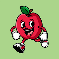 funny cute running apple colored cartoon character isolated drawing line style sketch classic vintage design illustration