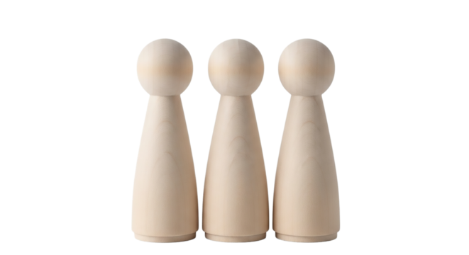 Three wooden peg dolls isolated on transparent background, arranged in a row, representing a simple and minimalist design, perfect for crafts - Powered by Adobe