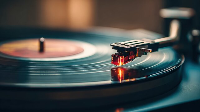 Vintage Vinyl Record Player Close-Up: Capturing the Nostalgic Sound of Music and Analog Technology