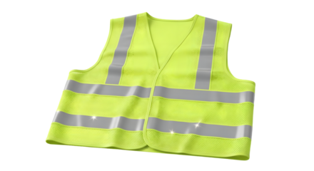 A bright yellow highvisibility safety vest with reflective strips, isolated on transparent background