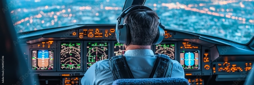 Poster comprehensive view of airplane interior with focus on safety features and pilot navigation tools