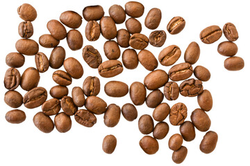 Coffee beans on white background. Close up PNG image isolated on white transparent background.