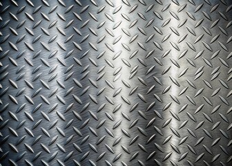 Industrial metal texture background showing a detailed, weathered stainless steel checker plate with reflective highlights.