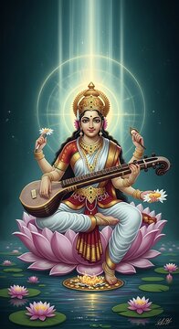 Digital illustration of the hindu goddess saraswati seated on a lotus flower playing the veena