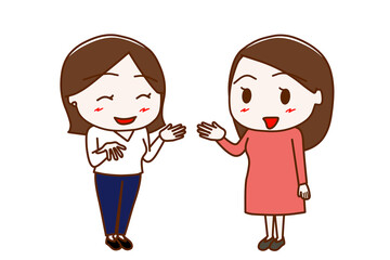 （全身斜め）女性と笑顔で楽しく会話する女性