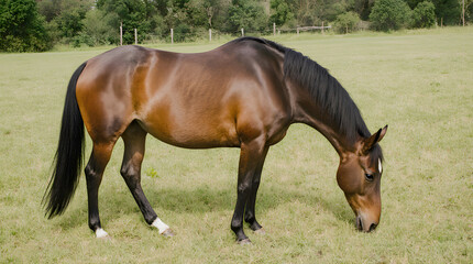 Fototapeta premium Brown horse grazing in a lush green meadow under a clear sky in the countryside