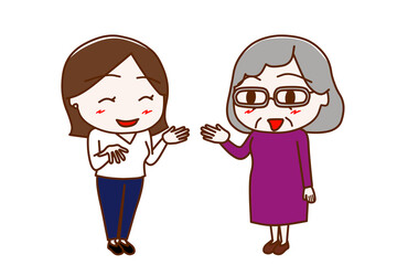 （全身斜め）女性と笑顔で楽しく会話する高齢の女性