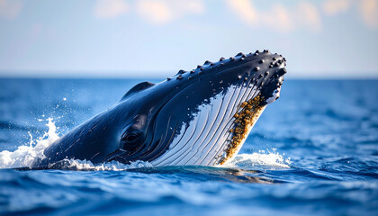 Majestic whale breaches surface of ocean, showcasing its impressive size and unique features. sunlight glimmers water