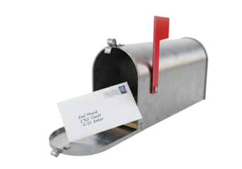 A silver mailbox with a red flag and an envelope inside, isolated on a transparent background