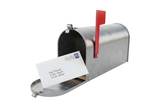 A silver mailbox with a red flag and an envelope inside, isolated on a transparent background