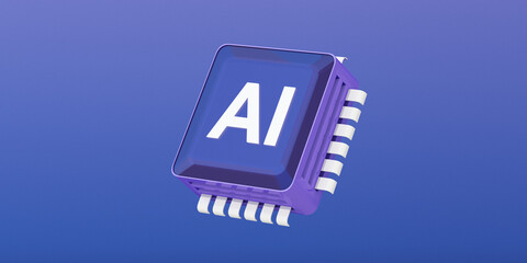Single AI chip floating in space with clean blue background, representing minimal futuristic artificial intelligence technology concept, 3d rendering.