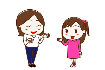 （全身斜め）女性と笑顔で楽しく会話する少女