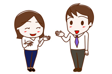 （全身斜め）女性と笑顔で楽しく会話する男性