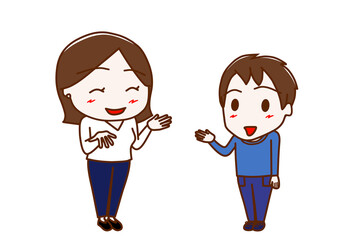 （全身斜め）女性と笑顔で楽しく会話する少年