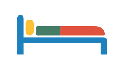 Illustration of a simple bed with blue frame, yellow pillow, and green and orange bedding design