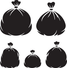 Trash Bag Silhouette Set – Four Black Garbage Bag Icons on White Background