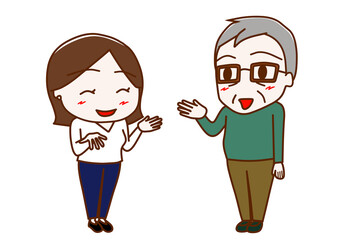 （全身斜め）女性と笑顔で楽しく会話する高齢の男性