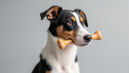 Playful dog holds chew bone in its mouth, showcasing joyful expression and sleek coat. This captures essence of companionship and fun