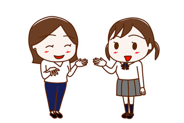 （全身斜め）女性と笑顔で楽しく会話する女子学生